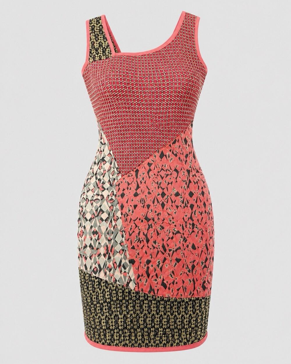 Save The Queen Pink Patchwork Sequin Bodycon Dress Asymmetric Neckline S